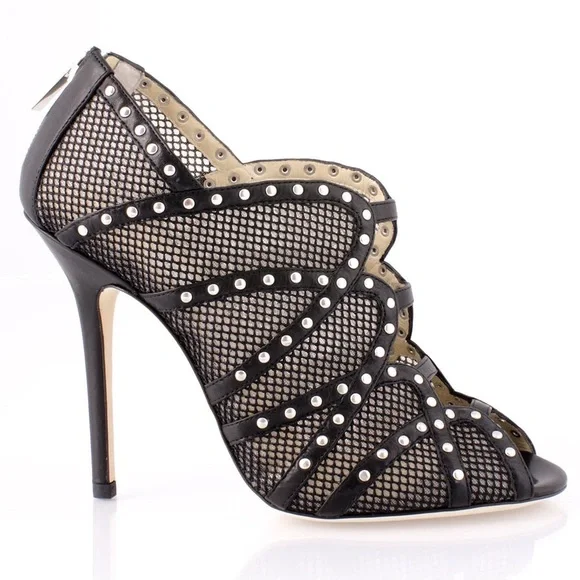 SOLD Jimmy Choo Karina Black Fishnet Studded Calf Leather Cage Heels with Box 37 - Picture 2 of 16